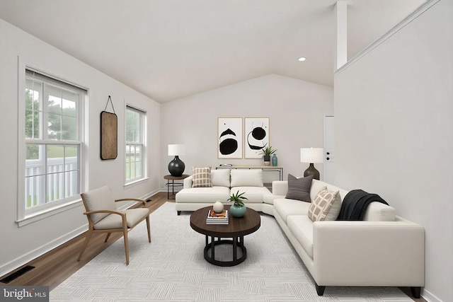 11810 Falcon Ridge Dr, Fredericksburg, VA 22407 - living area featuring vaulted ceiling, wood finished floors, baseboards, and recessed lighting