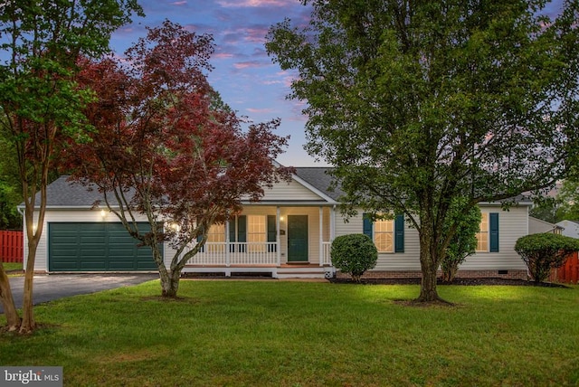 11810 Falcon Ridge Dr, Fredericksburg, VA 22407 - view of property hidden behind natural elements featuring covered porch, asphalt driveway, a garage, and crawl space