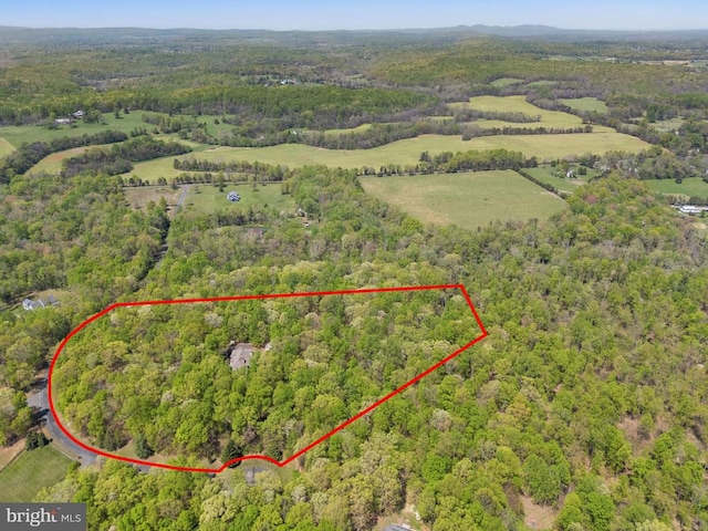 - drone / aerial view with a wooded view