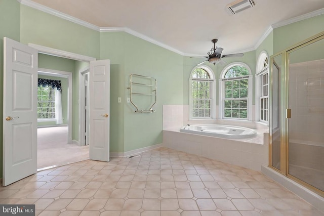  - full bath featuring visible vents, a stall shower, crown molding, a ceiling fan, and a garden tub