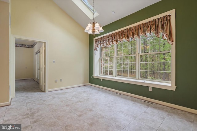  - unfurnished dining area with a chandelier, high vaulted ceiling, visible vents, and tile patterned flooring
