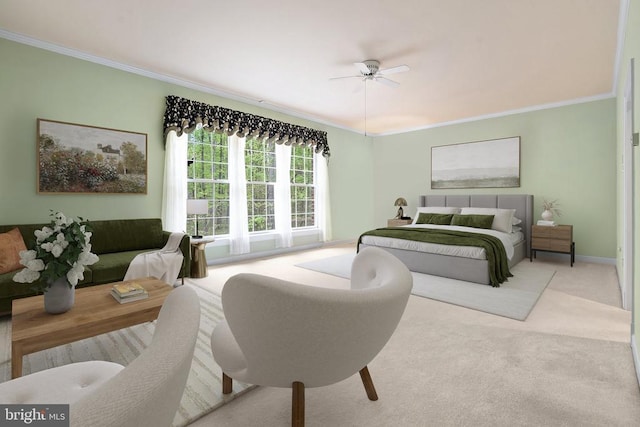  - carpeted bedroom featuring ceiling fan and ornamental molding