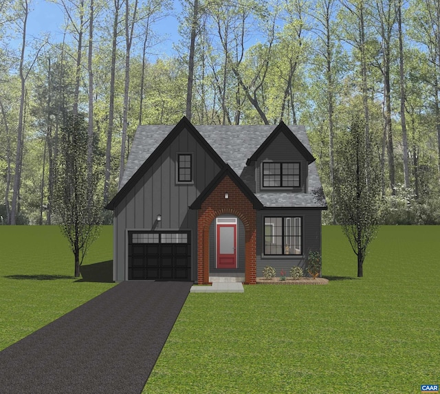 28A Fowler St, Charlottesville, VA 22911 - view of front of property featuring board and batten siding, asphalt driveway, a front lawn, and a shingled roof