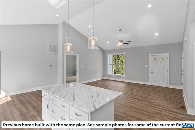 TBD Piney Green Road, Crewe, VA 23930 - kitchen featuring wood finished floors, decorative light fixtures, visible vents, ceiling fan, and a kitchen island