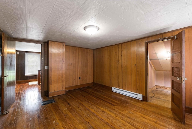 4056 E Point Rd, Elkton, VA 22827 - unfurnished room featuring a baseboard radiator, dark wood-style floors, wooden walls, and baseboards