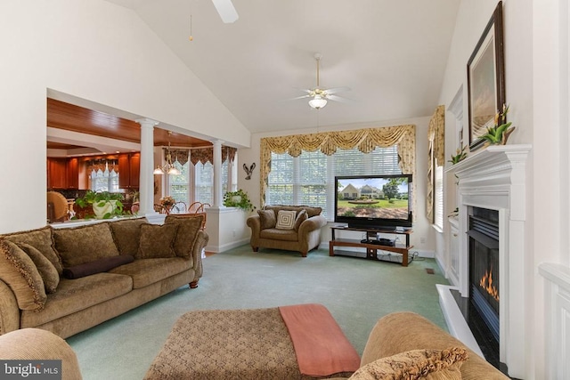 11918 Boulder Ct, Spotsylvania, VA 22553 - living area with a ceiling fan, a glass covered fireplace, carpet, and high vaulted ceiling