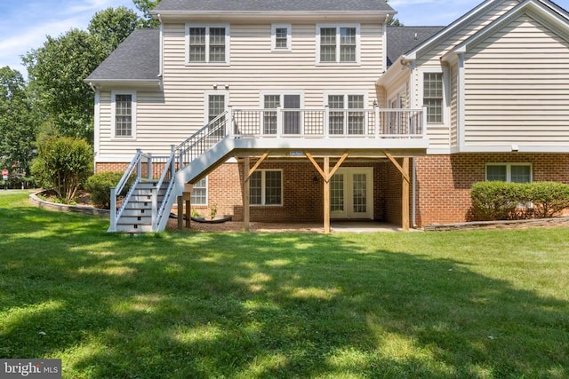 11918 Boulder Ct, Spotsylvania, VA 22553 - back of house featuring a lawn, stairway, a wooden deck, french doors, and roof with shingles
