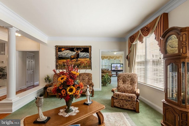 11918 Boulder Ct, Spotsylvania, VA 22553 - living area with decorative columns, carpet floors, and crown molding