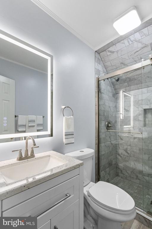 11918 Boulder Ct, Spotsylvania, VA 22553 - bathroom featuring vanity, a shower stall, and crown molding
