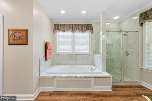 11918 Boulder Ct, Spotsylvania, VA 22553 - bathroom featuring a bath, ornamental molding, a marble finish shower, and wood finished floors