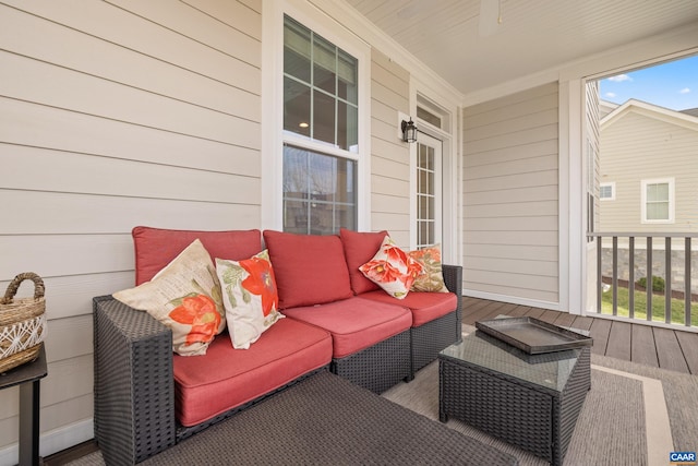 exterior space featuring covered porch and an outdoor living space