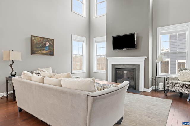 living area featuring baseboards, dark wood-style flooring, and a towering ceiling