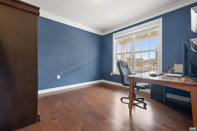 home office featuring baseboards, crown molding, and wood finished floors