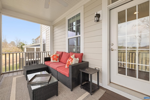 exterior space with a ceiling fan, a porch, and an outdoor hangout area