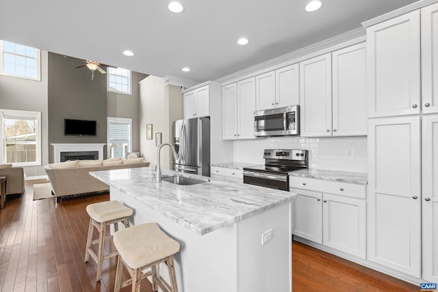 kitchen featuring a breakfast bar area, a ceiling fan, a sink, open floor plan, and appliances with stainless steel finishes