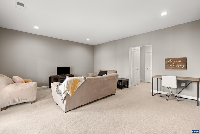 living room with recessed lighting, carpet flooring, and visible vents