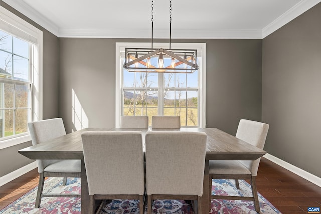 dining area with plenty of natural light, dark wood-type flooring, and baseboards
