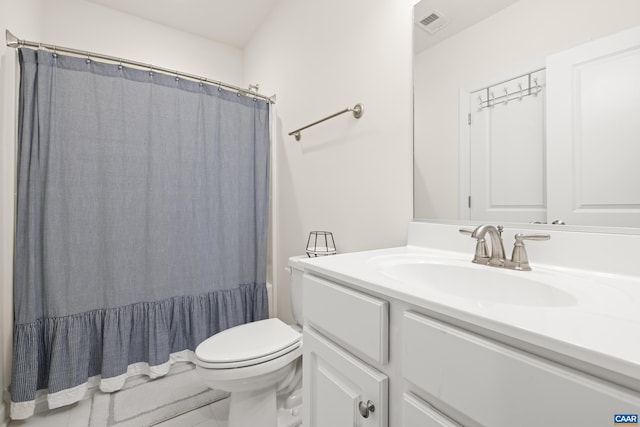 full bathroom with toilet, a shower with shower curtain, tile patterned floors, visible vents, and vanity
