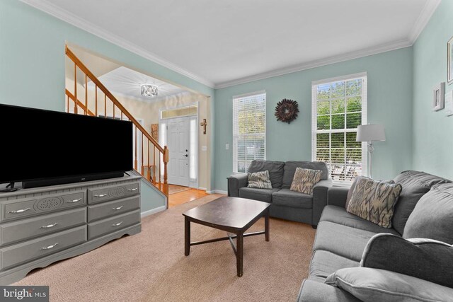249 Whitworth Dr, Culpeper, VA 22701 - living room featuring crown molding, stairs, and light carpet