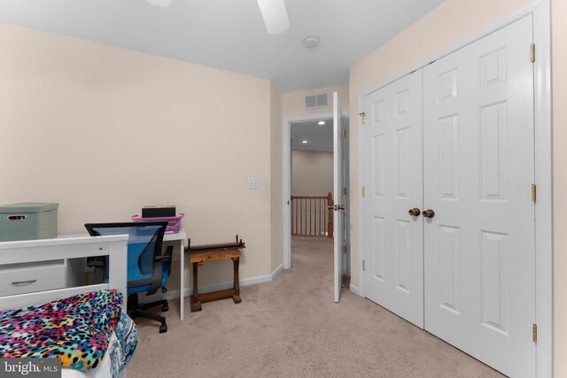 249 Whitworth Dr, Culpeper, VA 22701 - bedroom featuring light carpet, an office area, a closet, and a ceiling fan