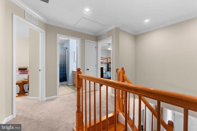 249 Whitworth Dr, Culpeper, VA 22701 - corridor with an upstairs landing, ornamental molding, light carpet, attic access, and recessed lighting