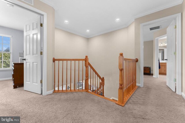249 Whitworth Dr, Culpeper, VA 22701 - corridor with an upstairs landing, carpet flooring, crown molding, and recessed lighting