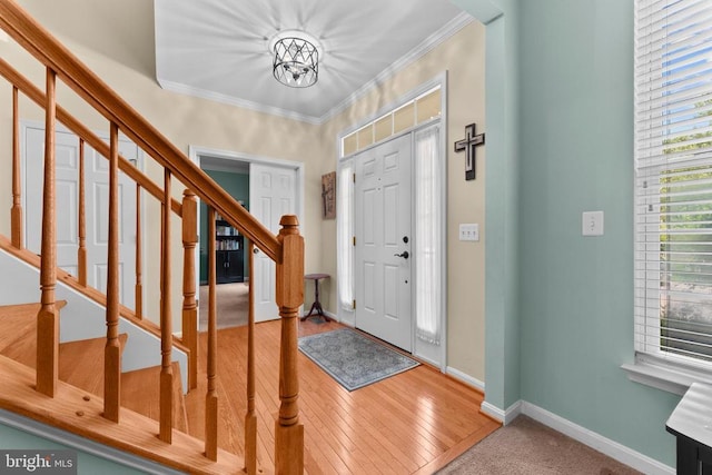 249 Whitworth Dr, Culpeper, VA 22701 - entryway featuring ornamental molding, stairs, hardwood / wood-style floors, and a chandelier