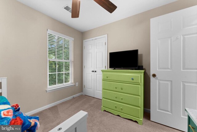 249 Whitworth Dr, Culpeper, VA 22701 - bedroom with light carpet, a closet, and ceiling fan