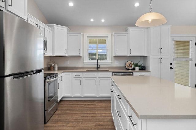 170 Lindburgh Dr, Waynesboro, VA 22980 - kitchen featuring stainless steel appliances, recessed lighting, white cabinetry, light countertops, and dark wood finished floors