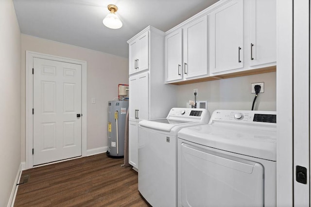 170 Lindburgh Dr, Waynesboro, VA 22980 - laundry area featuring water heater, separate washer and dryer, cabinet space, and dark wood finished floors