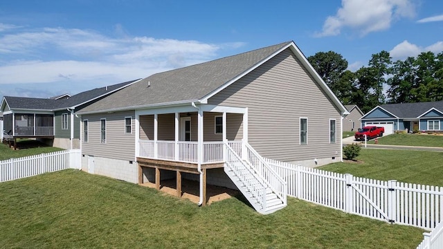 170 Lindburgh Dr, Waynesboro, VA 22980 - back of house featuring crawl space, a porch, a fenced backyard, a shingled roof, and stairway