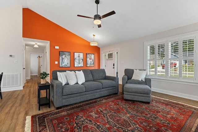 170 Lindburgh Dr, Waynesboro, VA 22980 - living room featuring wood finished floors, high vaulted ceiling, and a ceiling fan