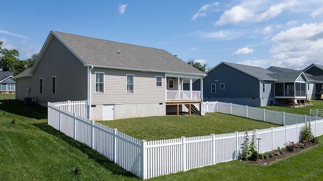 170 Lindburgh Dr, Waynesboro, VA 22980 - back of property featuring a shingled roof, stairway, crawl space, and a fenced backyard