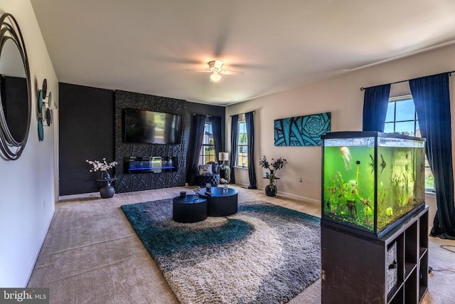 2045 Magnolia Cir, Culpeper, VA 22701 - living room with a premium fireplace, carpet floors, a ceiling fan, and baseboards
