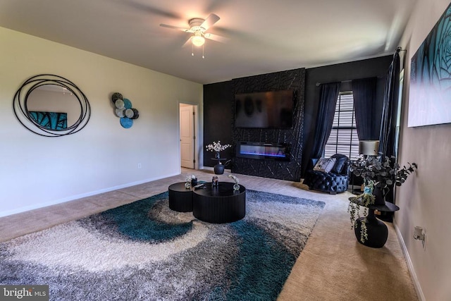 2045 Magnolia Cir, Culpeper, VA 22701 - carpeted living area with ceiling fan, a large fireplace, and baseboards