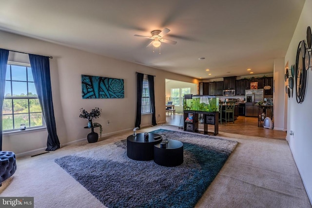 2045 Magnolia Cir, Culpeper, VA 22701 - living room with a ceiling fan, light carpet, baseboards, and recessed lighting