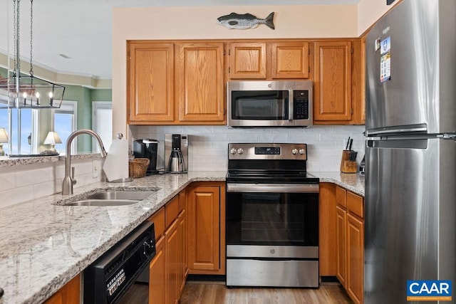 1808 High Ridge Ct, Condos, Wintergreen Resort, VA 22967 - kitchen featuring appliances with stainless steel finishes, a sink, light stone countertops, decorative backsplash, and ornamental molding