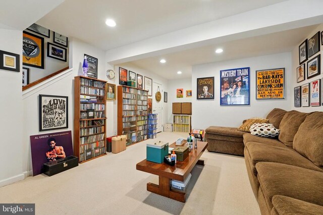 living room featuring recessed lighting and carpet floors