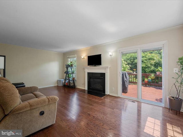 33 Pepper Tree Ct, Warrenton, VA 20186 - living area featuring ornamental molding, wood finished floors, and a fireplace with flush hearth