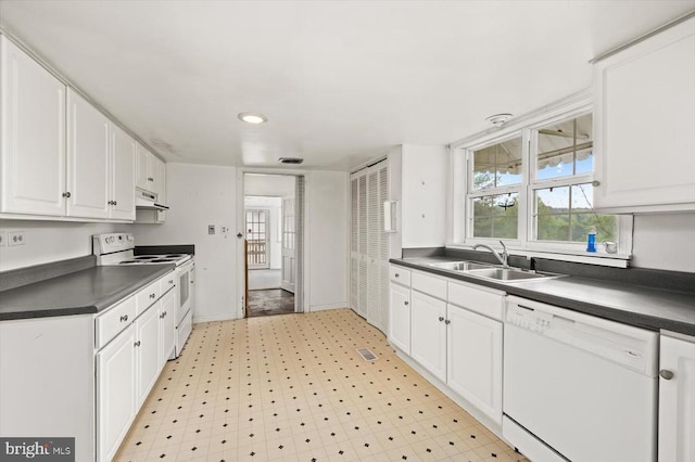 2188 Seville Rd, Madison, VA 22727 - kitchen featuring white appliances, a sink, under cabinet range hood, dark countertops, and recessed lighting