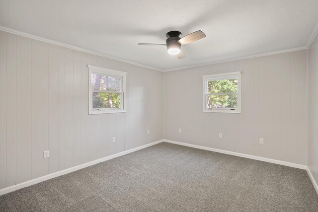 spare room with crown molding, ceiling fan, and carpet