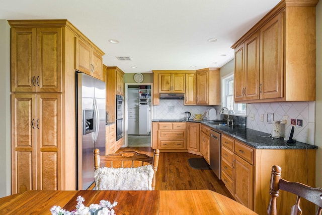 3226 Old Thirty Three Rd, Rockingham, VA 22801 - kitchen featuring appliances with stainless steel finishes, dark wood-style flooring, a sink, tasteful backsplash, and under cabinet range hood