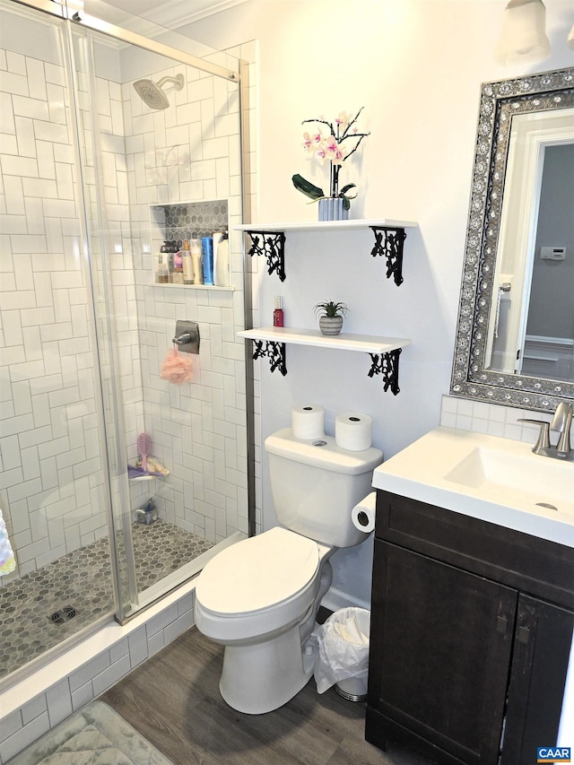 1060 E River Rd, Palmyra, VA 23055 - full bath featuring toilet, a shower stall, wood finished floors, tasteful backsplash, and vanity