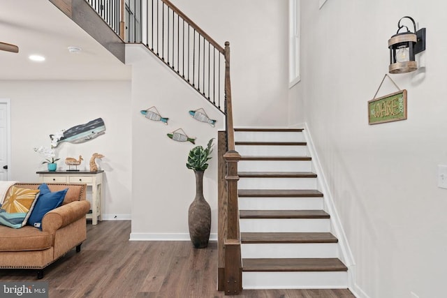 121 Birchside Cir, Locust Grove, VA 22508 - stairway with wood finished floors, baseboards, a high ceiling, and recessed lighting
