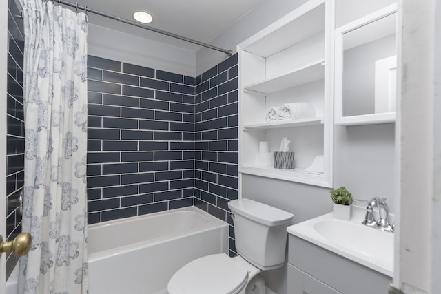 bathroom with shower / bath combination with curtain, toilet, and vanity