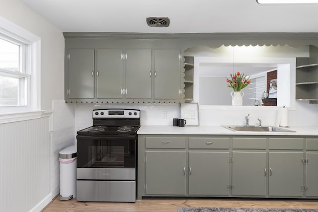 kitchen with stainless steel electric range, open shelves, a sink, gray cabinetry, and light countertops