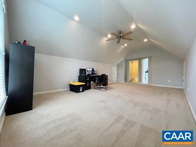 151 Deer Run Dr, Zion Crossroads, VA 22942 - additional living space with vaulted ceiling, carpet, baseboards, ceiling fan, and recessed lighting