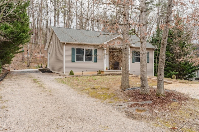 view of front of house featuring gravel driveway and a shingled roof