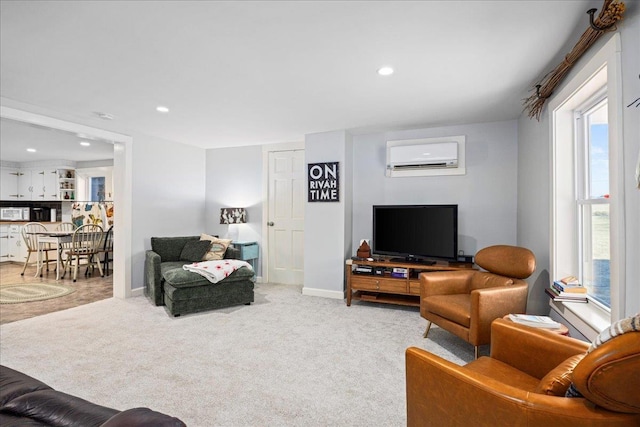 6772 S E Side Hwy, Elkton, VA 22827 - living room featuring a wall mounted air conditioner, plenty of natural light, recessed lighting, light colored carpet, and baseboards