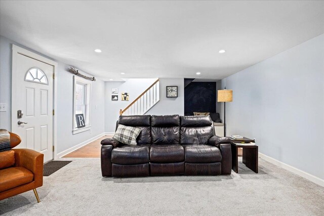 6772 S E Side Hwy, Elkton, VA 22827 - carpeted living room featuring stairway, baseboards, and recessed lighting
